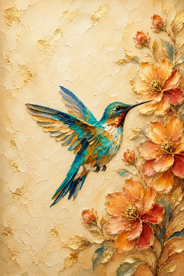 Free Bird and Flowers Decorative Canvas Painting | Embossed Look Colorful Hummingbird Wall Painting | Modern Living Room Office Bedroom Decor