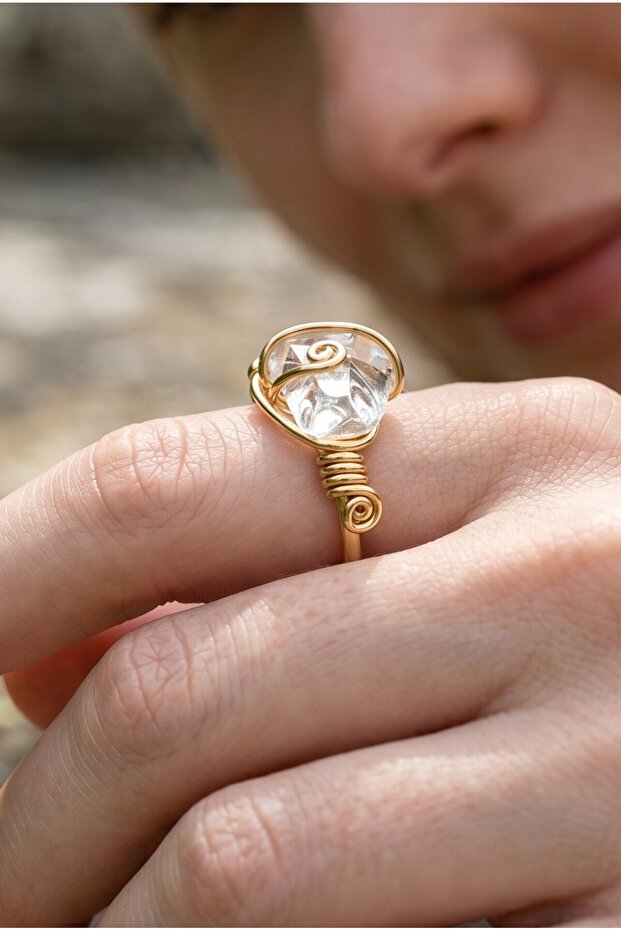 Crystal Quartz Adjustable Ring Copper Top Plated Gold Color Natural Stone