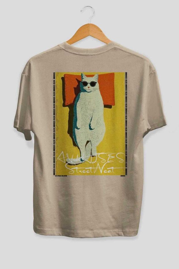 For the Love of Cats 117 Cat Printed Beige Oversize T-Shirt 100% Cotton Unisex Cat Lover Premium Design