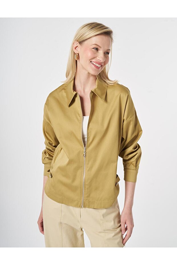 100% Cotton Zipper Closure Blouse Oil Green