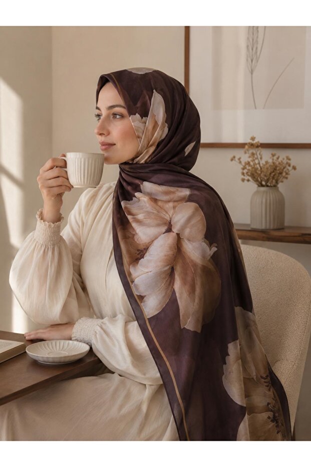 Brown Floral Patterned Shawl