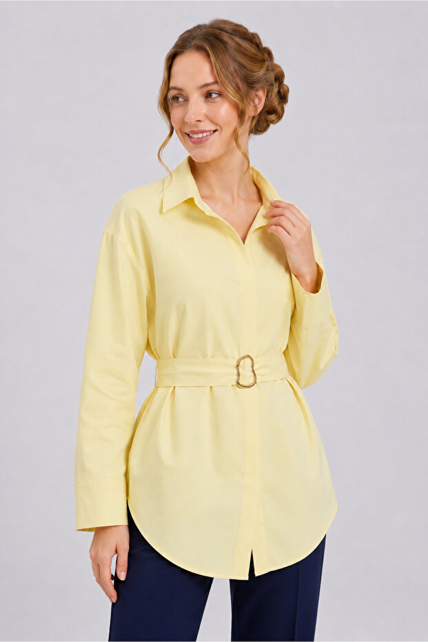 Buckle Belted Double Cuff Sleeve Hidden Button Tunic -Yellow