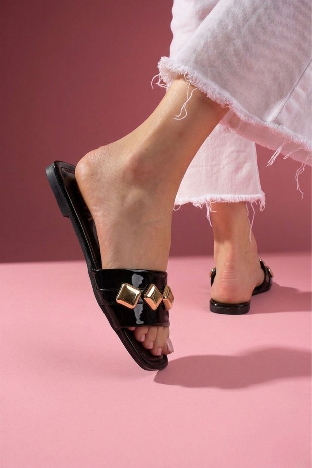 Lusso Black Patent Leather Geometric Stylish Women's Daily Slippers with Gold Accessories