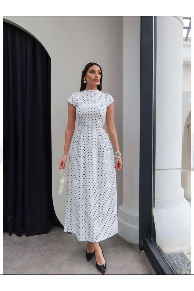 Pinterest Brand Equivalent Waist-Fitting Tie Detail Wide Bell-Bottom Skirt Polka Dot Design Midi Long Elegant Dress