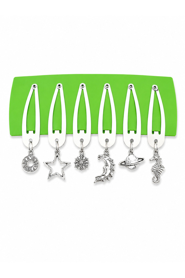 Set of 6 Charm Detailed Metal Snap Clips Silver Color Y2K Hair Accessory
