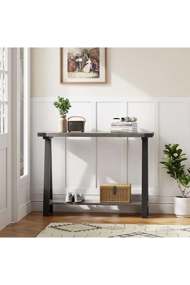 - 2-Tier Console Table with Storage, 43.3-Inch Entryway Table with Metal Frame and MDF, Narrow Sofa Table Behind the Sofa for Hallway, Bedroom, Living Room