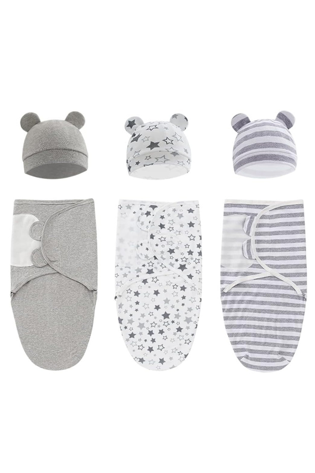 Baby Swaddle Wrap And Beanie Hat Set - Multicolor (3 pc)