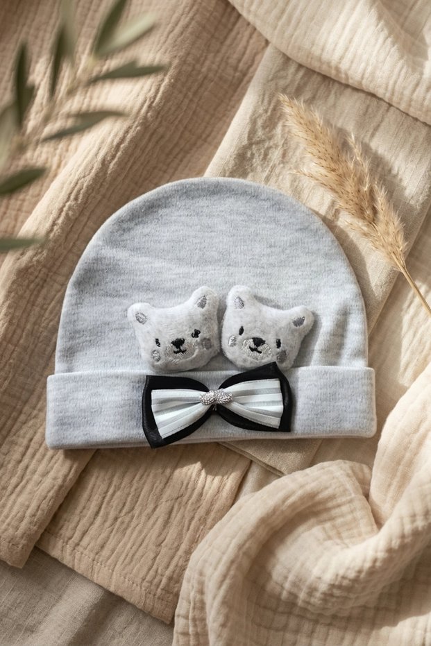 Teddy Charm Embroidered and Bow Tie Detailed 100% Cotton Soft Baby Beanie - Gray Melange Stylish Baby Accessory