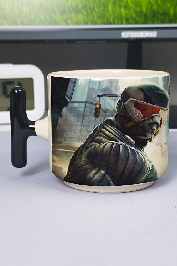 كوب سيراميك فاخر مطبوع عليه Crysis (قطعة واحدة) بمقبض أسود خاص على شكل حرف T V4T