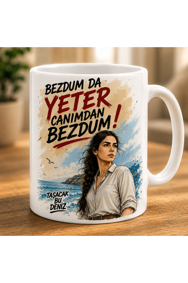 كوب بتصميم خاص مكتوب عليه "Taşacak Bu Deniz Bezdum"