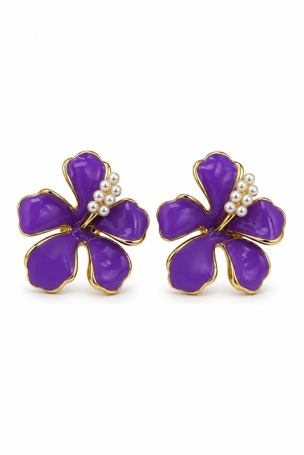 Yellow Plated Purple Enamel Steel Flower Earrings - Summer Luxury