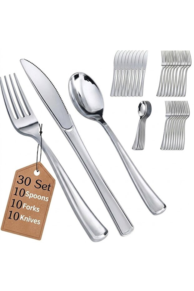 Premium Silver Plastic Cutlery Set, 30 Pieces Flatware Collection Includes 10 Spoons, 10 Forks and 10 Knives, Elegant Reusable Dining Tableware for Home Kitchen and Serving
