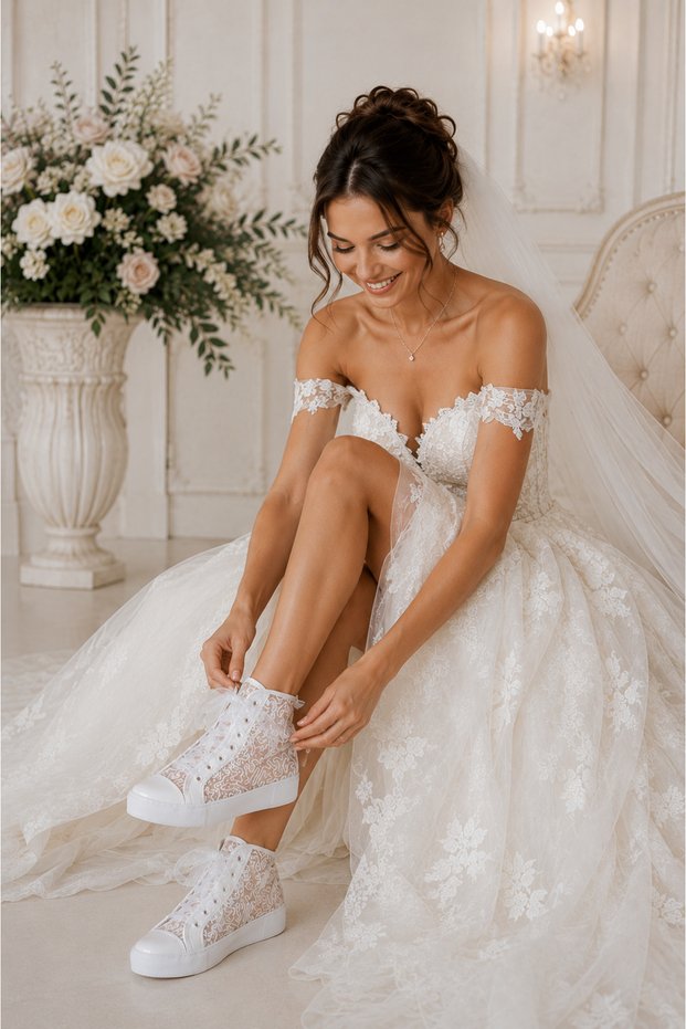 Wedding Dress Shoes Pearl Detailed Ribbon Lace-Up White Bridal Sneakers