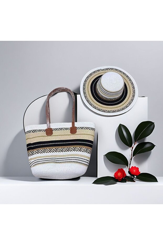Striped Straw Tote Bag & Wide Brim Sun Hat Matching Summer Set