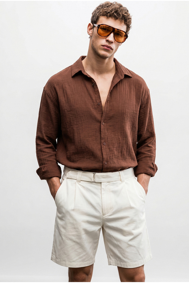 Men's Tan Breathable Half Oversize Muslin Fabric Long Sleeve Collared Shirt 60001001