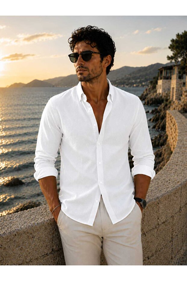 Fit Cut Cotton Linen, Breathable, Light Textured, Button-Up Collar, Men's Linen Shirt
