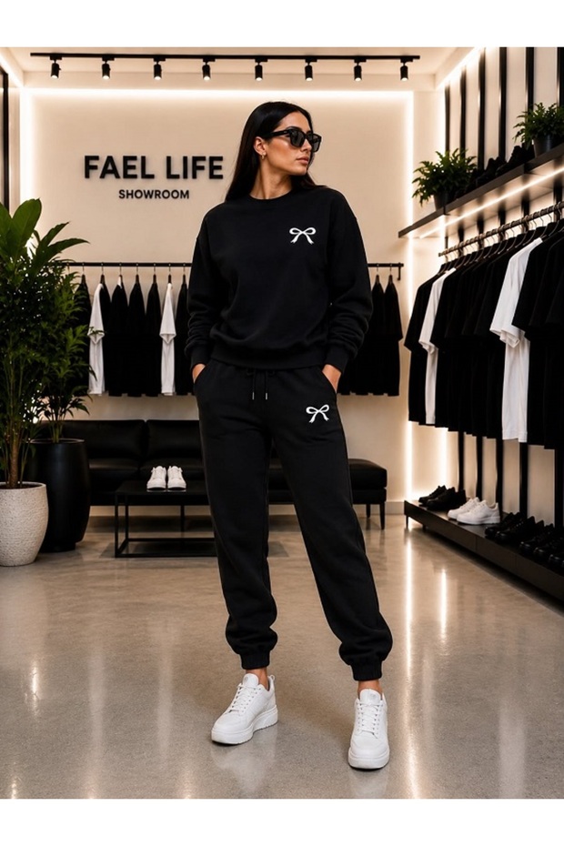 Unisex Wide Cut Zero Neck and Trackpants Set with Ribbon Print