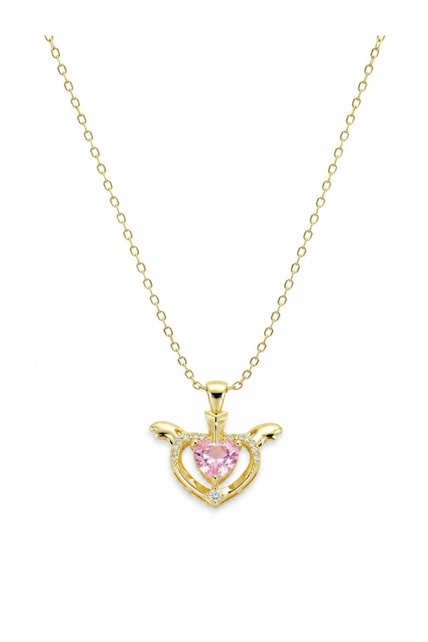 316L Steel Chain Gold Color Winged Heart Model Women's Necklace | Elegant Design with Pink Zircon Stone