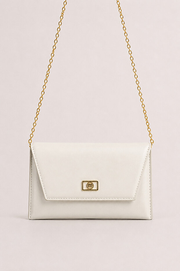 White Women's Evening Bag with Chain Strap, Portfolio Clutch and Shoulder Bag