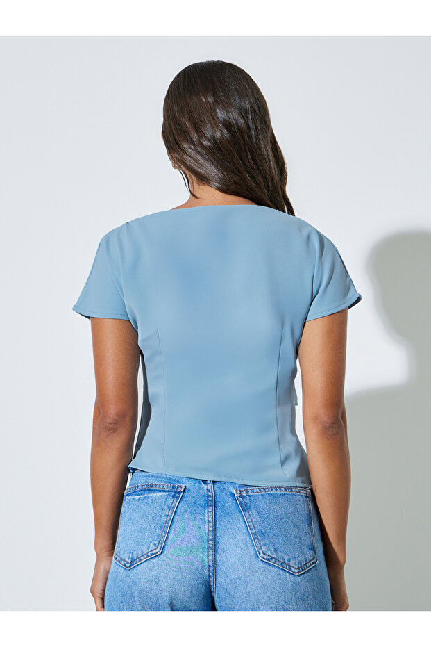 Blue Asymmetric Hem Solid Blouse - 5