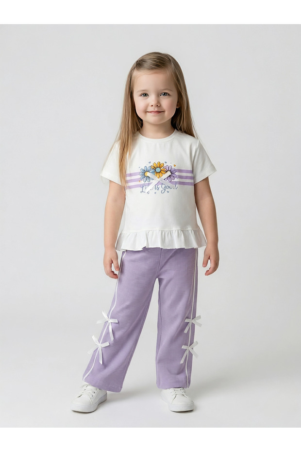 Daisy Printed Ruffle T-Shirt and Waffle Fabric Side Bow Pants Girls' Set 2-6 Years