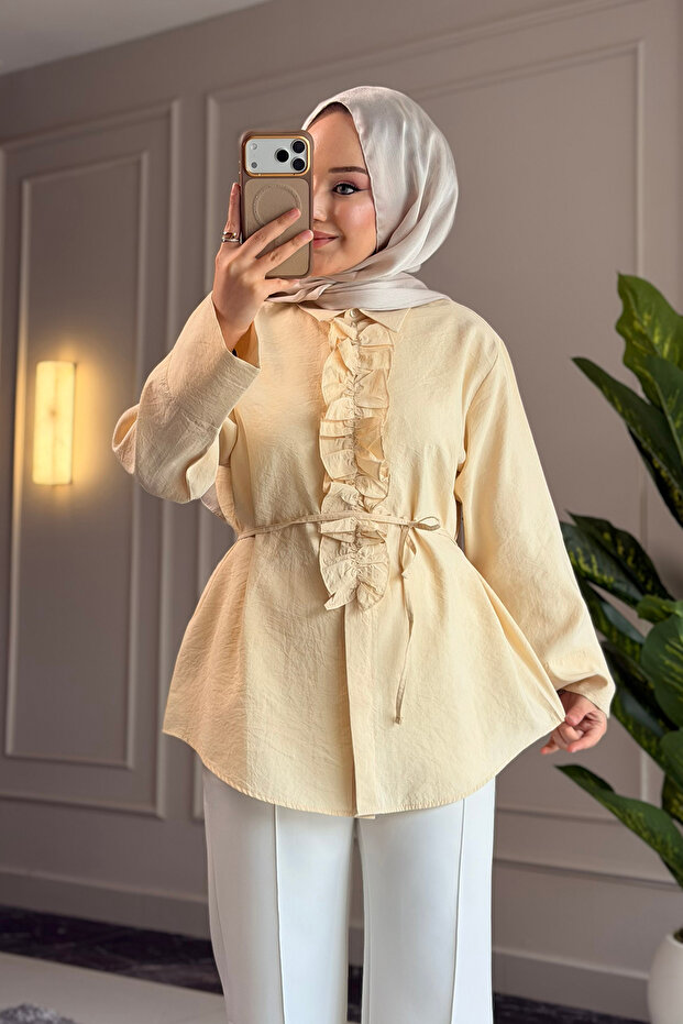 6535 - Stylish Comfortable Ruffle Detailed Woven Peach Fabric Women's Shirt