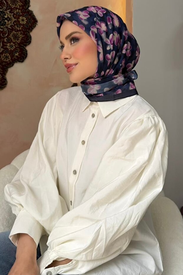 Navy Blue Patterned Silk Scarf