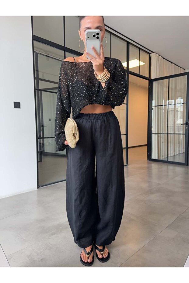 100% Linen Shalwar Pants with Pockets Black