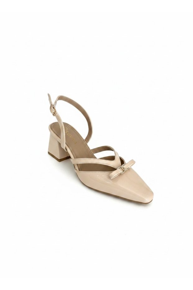 Women's Patent Leather Heeled Shoes with Bow Detail, Ankle Strap, Square Toe, Classic Stiletto