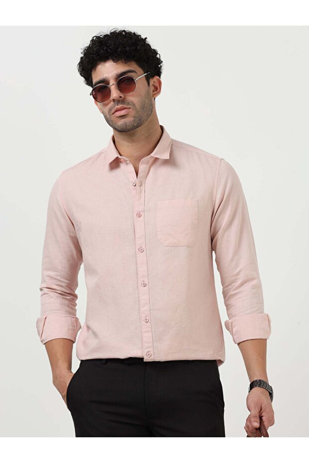 Light Pink Cotton Linen Solid Full Sleeve Casual Shirt