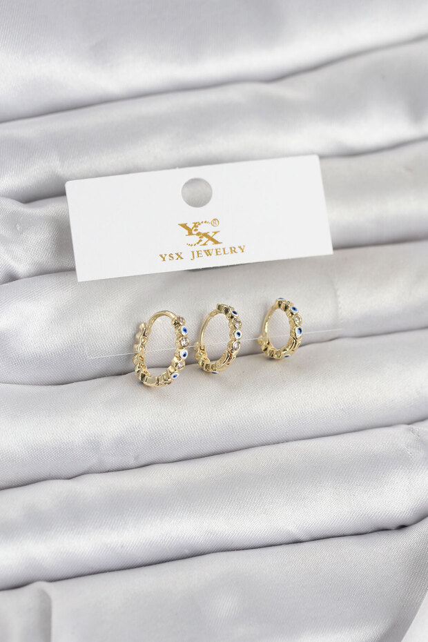 Brass Gold Color Evil Eye Model 3-Piece Women's Earrings