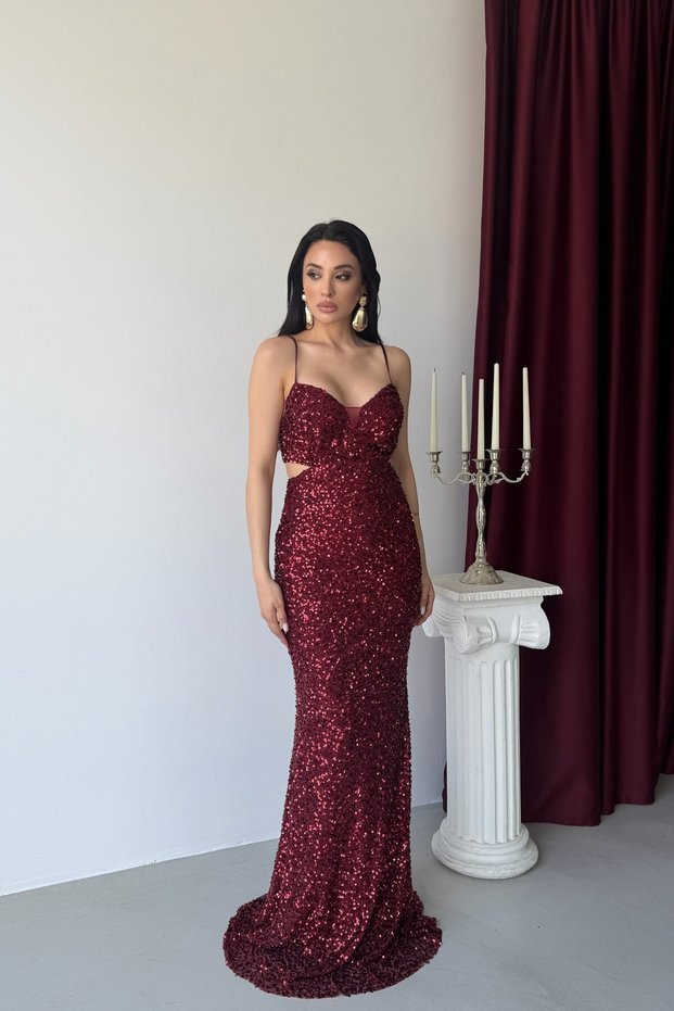 Burgundy Belted Long Evening Dress with Sleeves