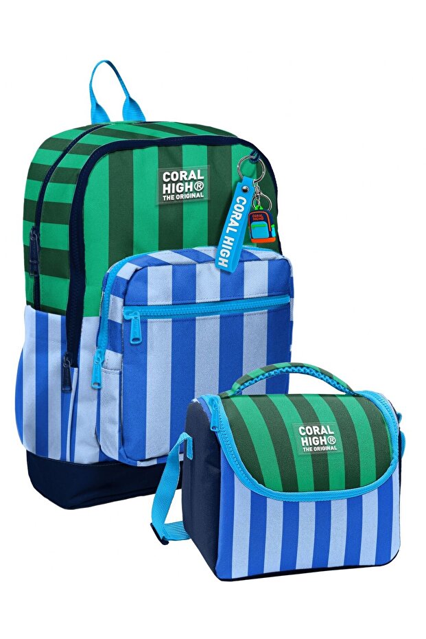 Blue Green Striped Patterned Boys' Backpack and Lunchbox Set (4 Compartment Backpack)