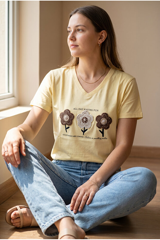 Yellow V-Neck Beaded Embroidered 100% Cotton T-Shirt