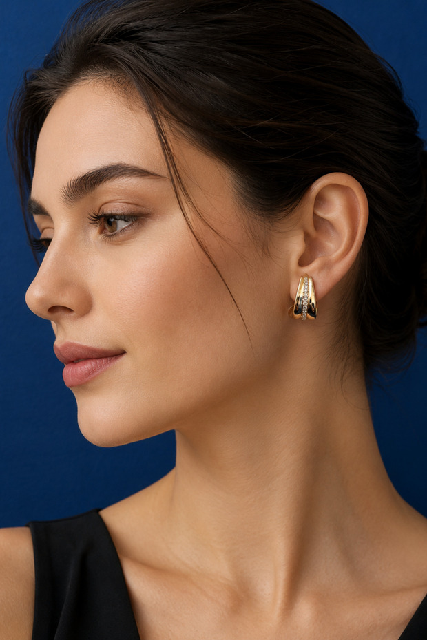 Stainless Steel Gold Color Zircon Stone Thick Hoop Women's Earrings 1037