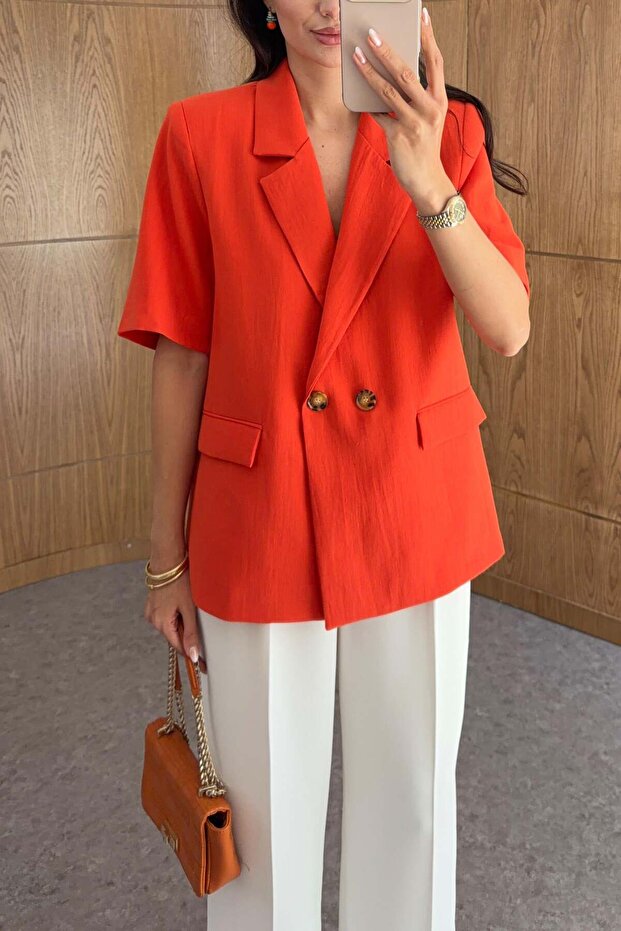 Buttoned Short Sleeve Orange Jacket - 4