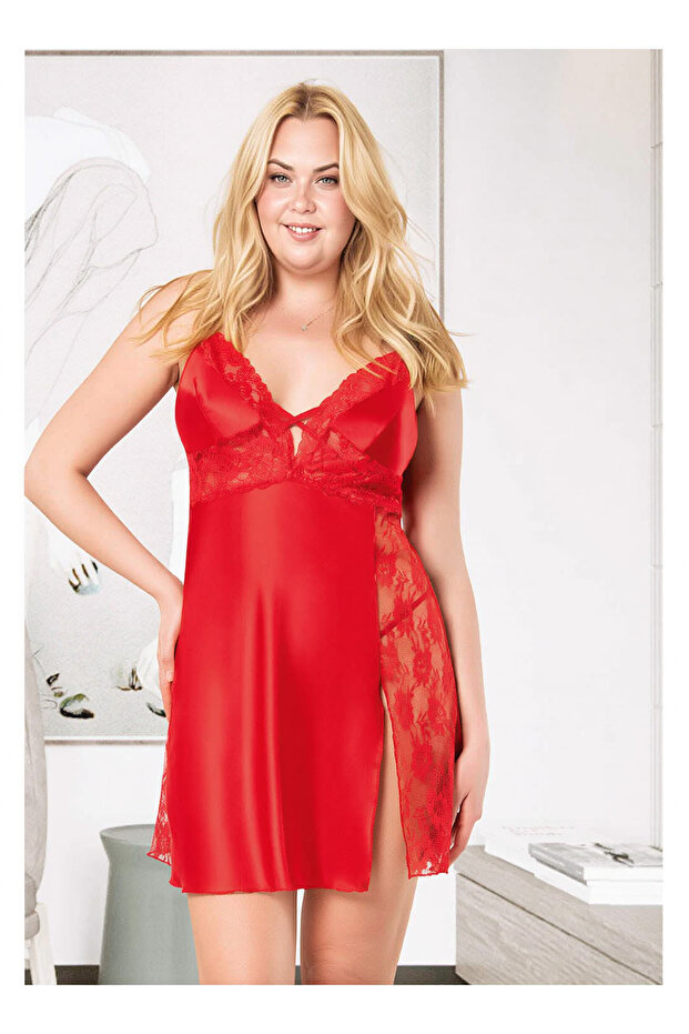 Women's Plus Size Patterned Satin Nightgown - Red Lace Plus Size Nightgown