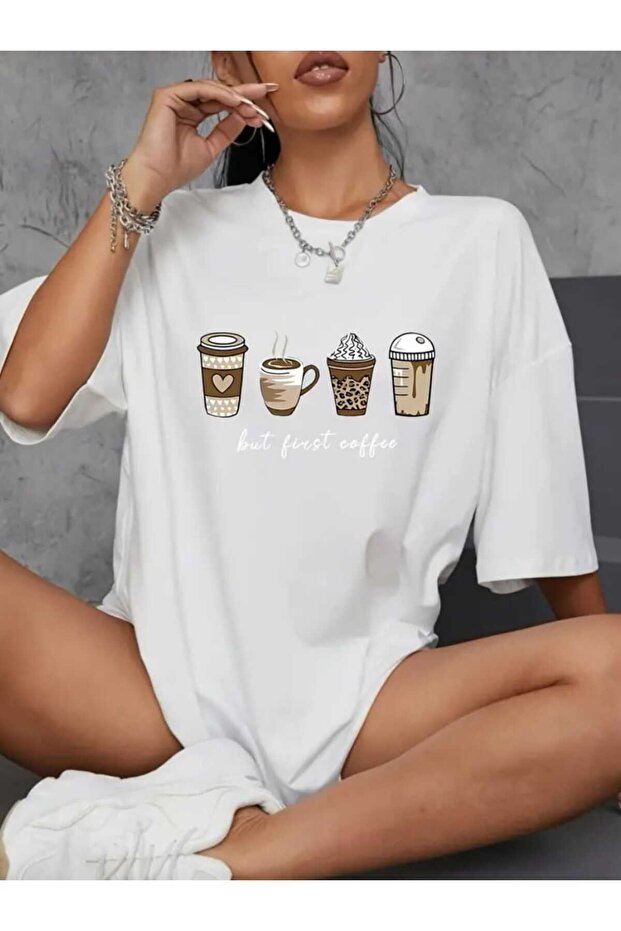 4-Piece Coffee Printed Oversize Casual Boyfriend T-Shirt