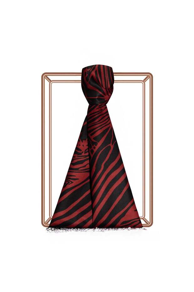 Zebra Patterned Silk Shawl 02671-Black Claret Red
