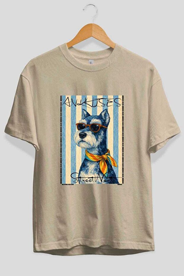 For Dog Lovers 60 Front Dog Printed Beige Oversize T-Shirt 100% Cotton Unisex Dog Lover Premium Design