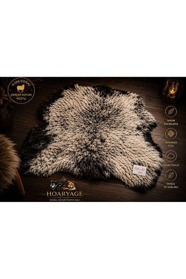 Natural, Unprocessed, Never Sheared Natural Sheepskin, Carpet, Prayer Mat 105X70 cm