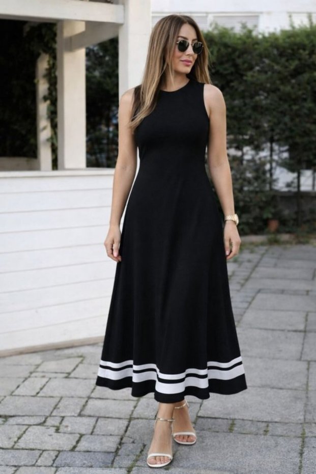Women's Strappy Round Neck Long Viscose Dress with Stripe Detail at the Hem