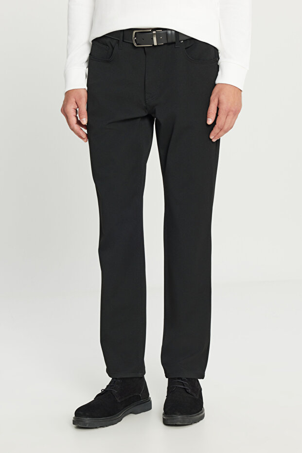 Men's Black Soft Textured Slim Fit Slim Cut 5-Pocket Flexible Casual Trousers