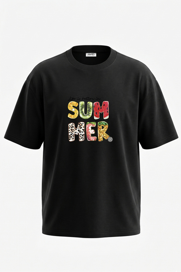 Summer Fruits Design Back Printed Cotton Black Oversize T-Shirt