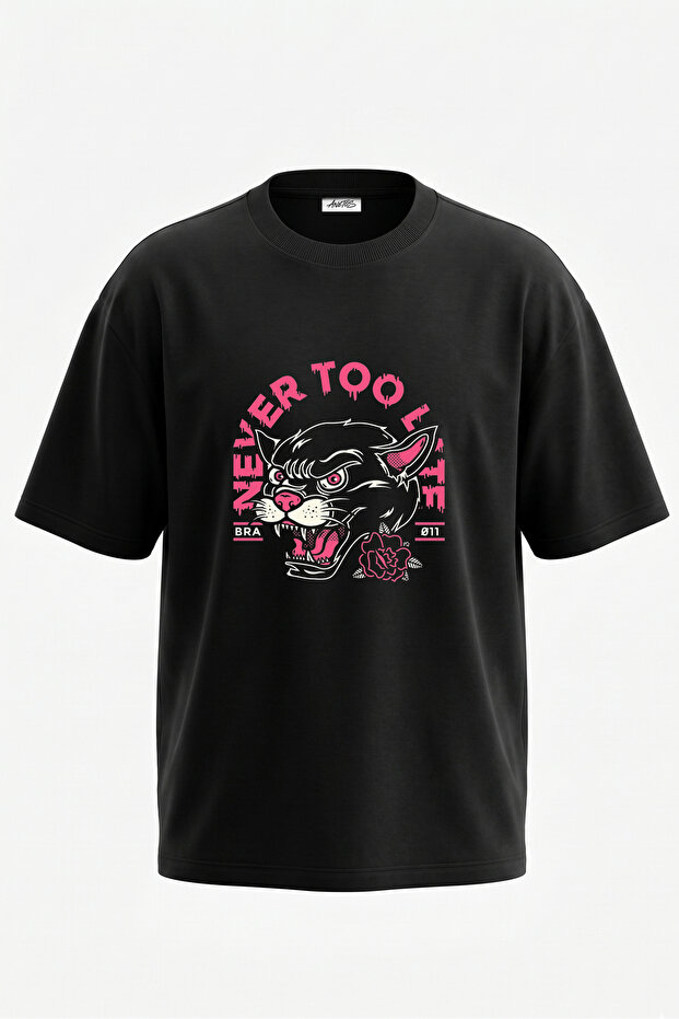Wolf Tattoo Design Back Printed Cotton Black Oversize T-Shirt