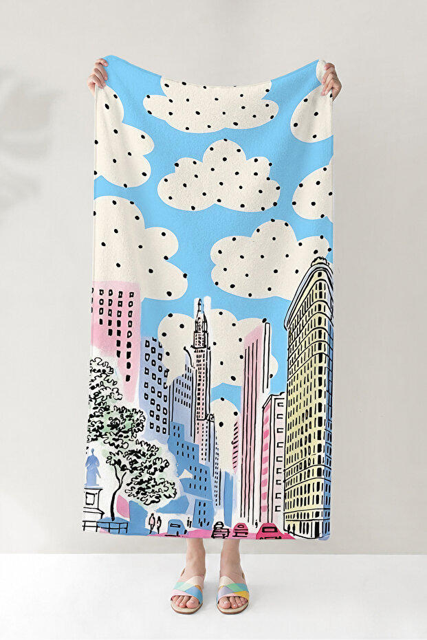 City View Cloud Themed Beach Towel - Modern Pastel Skyline Pool Sea Quick-Drying Cover Towel