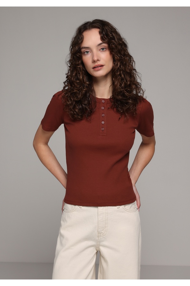Slim Fit Round Neck Solid Women's Brown Short Sleeve T-Shirt