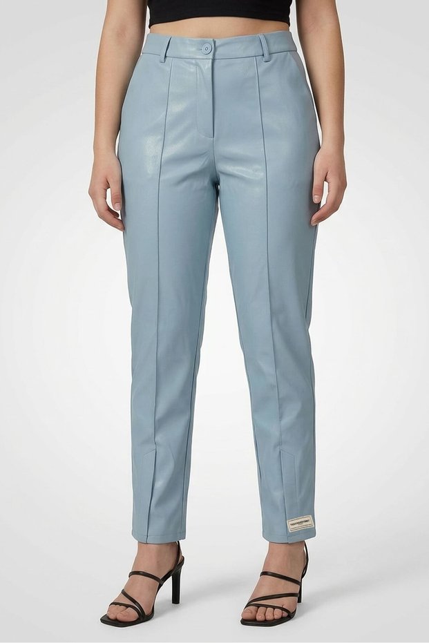 Women Skinny Fit Leather Straight Pants, Light Blue