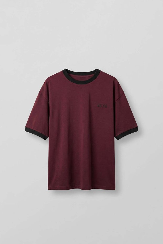 Men's Embroidery Detailed Contrast Crew Neck Boxy Fit T-Shirt Burgundy