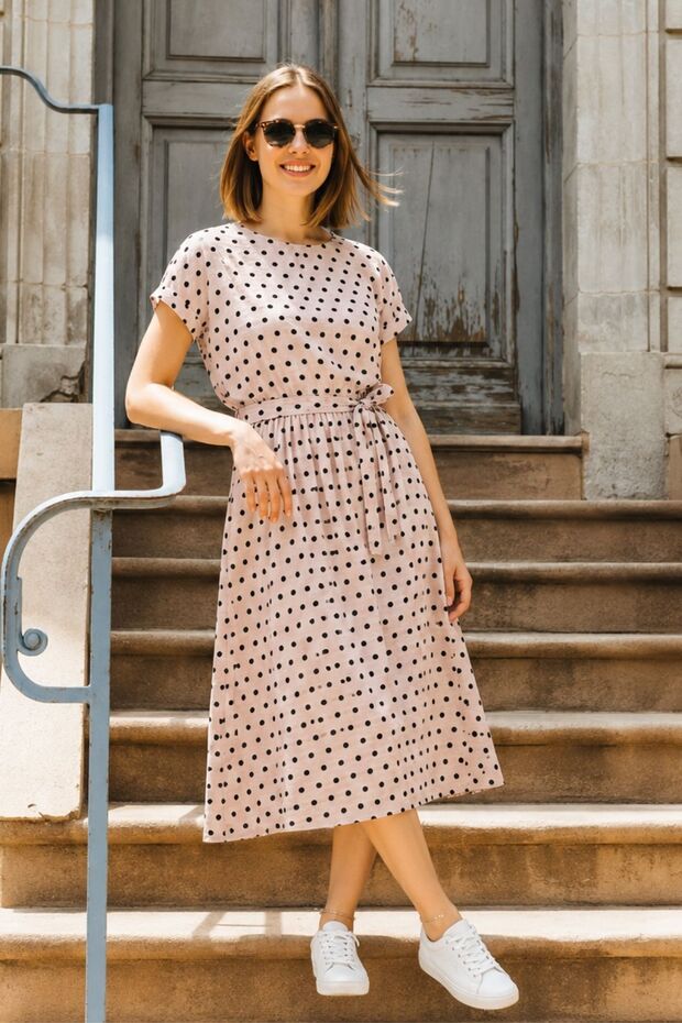 Women's Gray Polka Dot Elastic Waist Tie Dress Arm-26Y001121